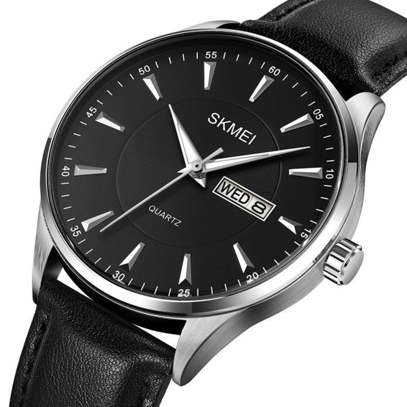 Чоловічий класичний годинник Skmei 2075SIBK Silver-Black зі шкіряним ремінцем та календарем