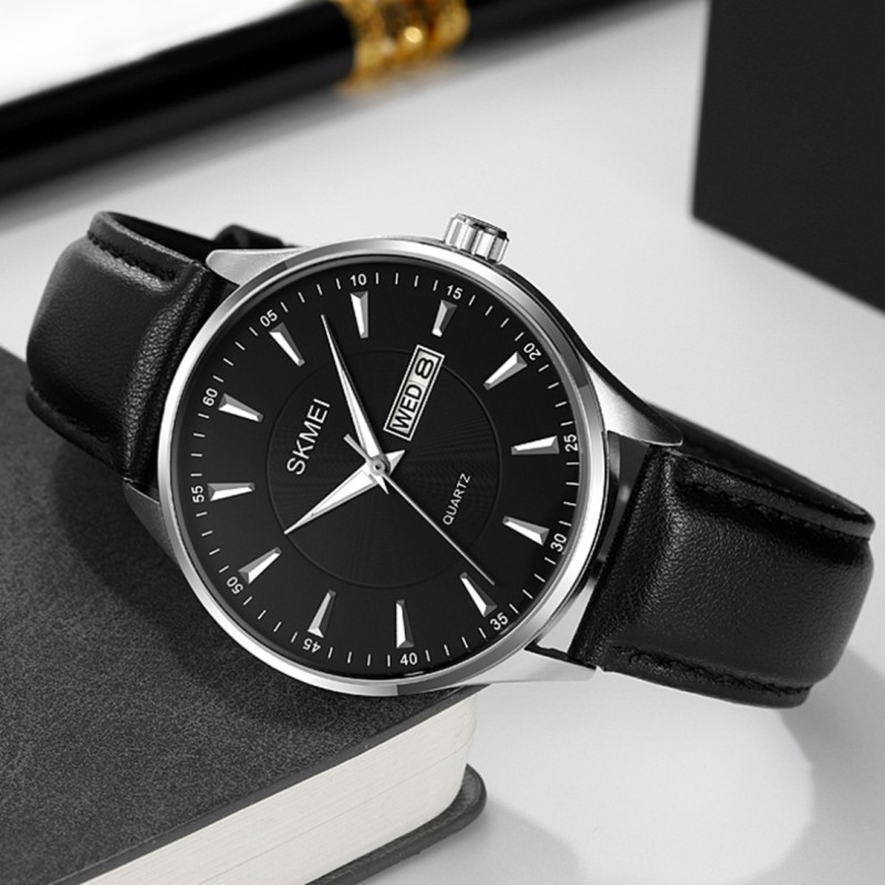 Чоловічий класичний годинник Skmei 2075SIBK Silver-Black зі шкіряним ремінцем та календарем