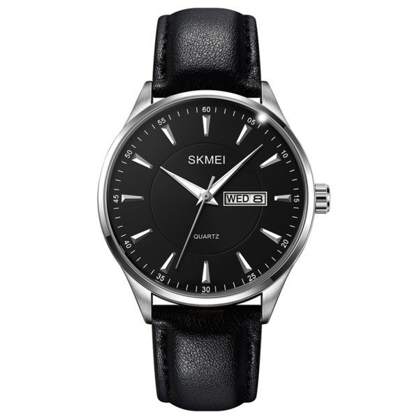 Чоловічий класичний годинник Skmei 2075SIBK Silver-Black зі шкіряним ремінцем та календарем