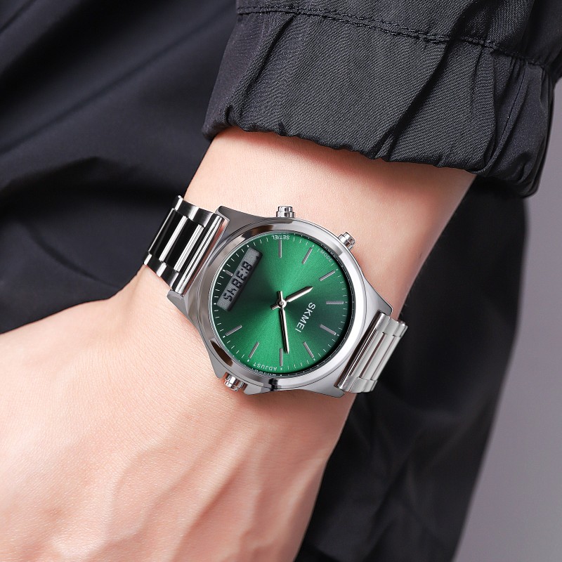Наручний годинник Skmei 2120SIGN Silver-Green з комбінованим циферблатом та сталевим браслетом