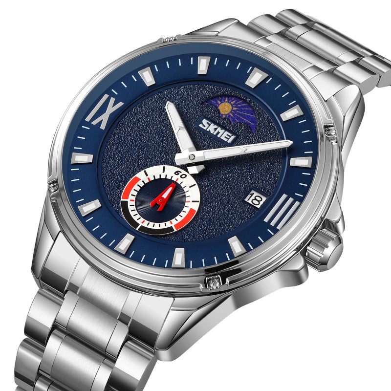 Чоловічий класичний годинник Skmei 9326SIBU Silver-Blue зі сталевим браслетом та синім циферблатом