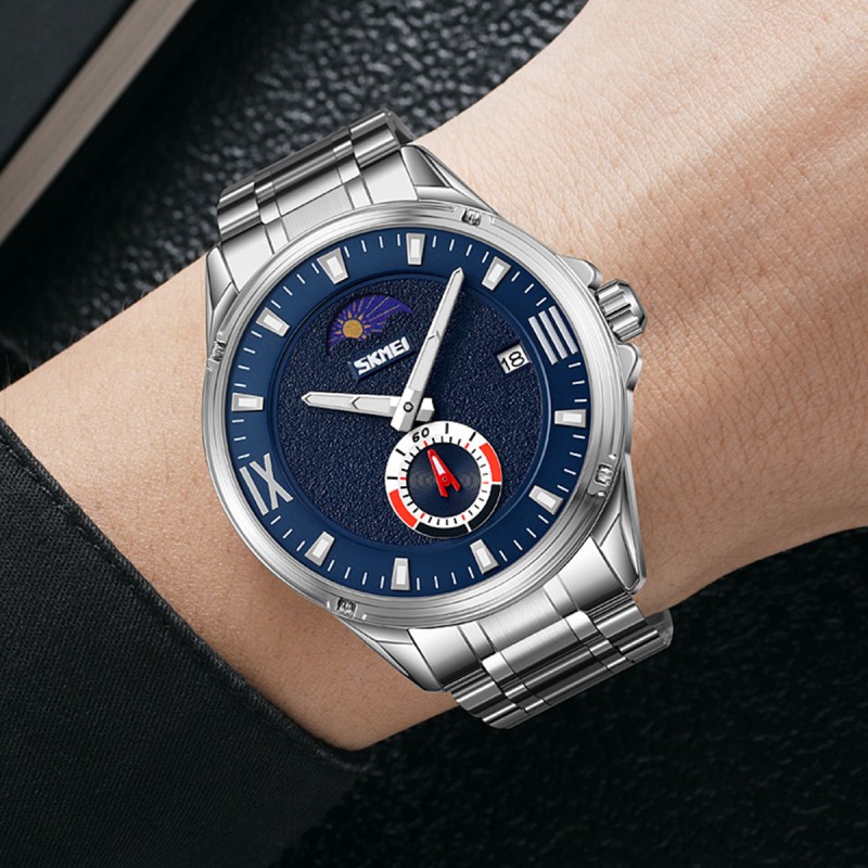 Чоловічий класичний годинник Skmei 9326SIBU Silver-Blue зі сталевим браслетом та синім циферблатом