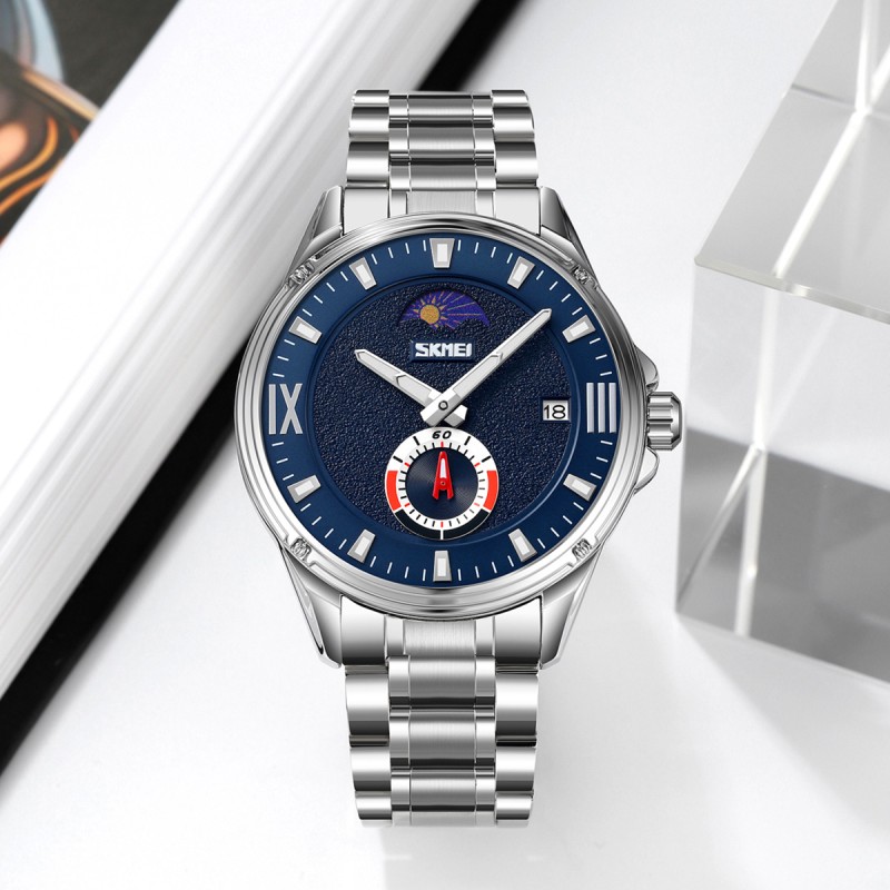 Чоловічий класичний годинник Skmei 9326SIBU Silver-Blue зі сталевим браслетом та синім циферблатом