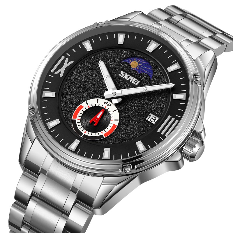 Чоловічий класичний годинник Skmei 9326SIBK Silver-Black зі сріблястим браслетом та чорним циферблатом