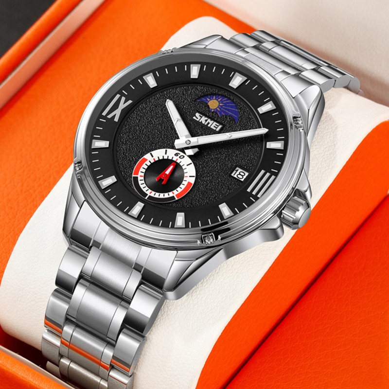 Чоловічий класичний годинник Skmei 9326SIBK Silver-Black зі сріблястим браслетом та чорним циферблатом