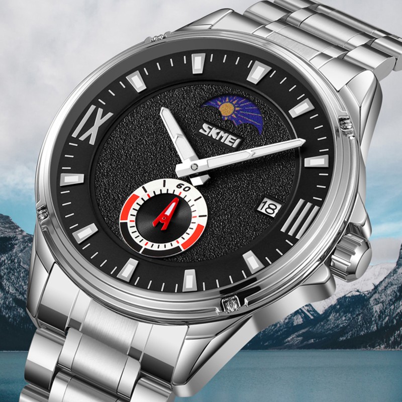 Чоловічий класичний годинник Skmei 9326SIBK Silver-Black зі сріблястим браслетом та чорним циферблатом