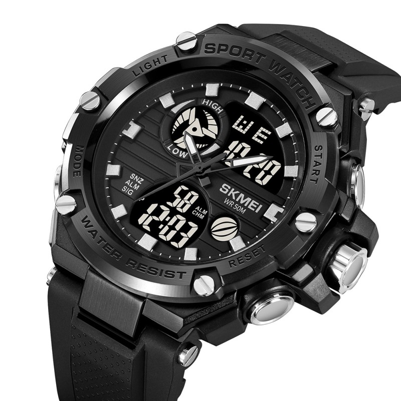 Чоловічий спортивний годинник Skmei 2119BK Black з комбінованим циферблатом та водозахистом 5 ATM