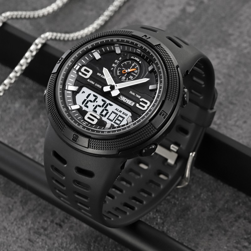 Мужские спортивные часы Skmei 1655BKWT Black-White с комбинированным циферблатом и подсветкой