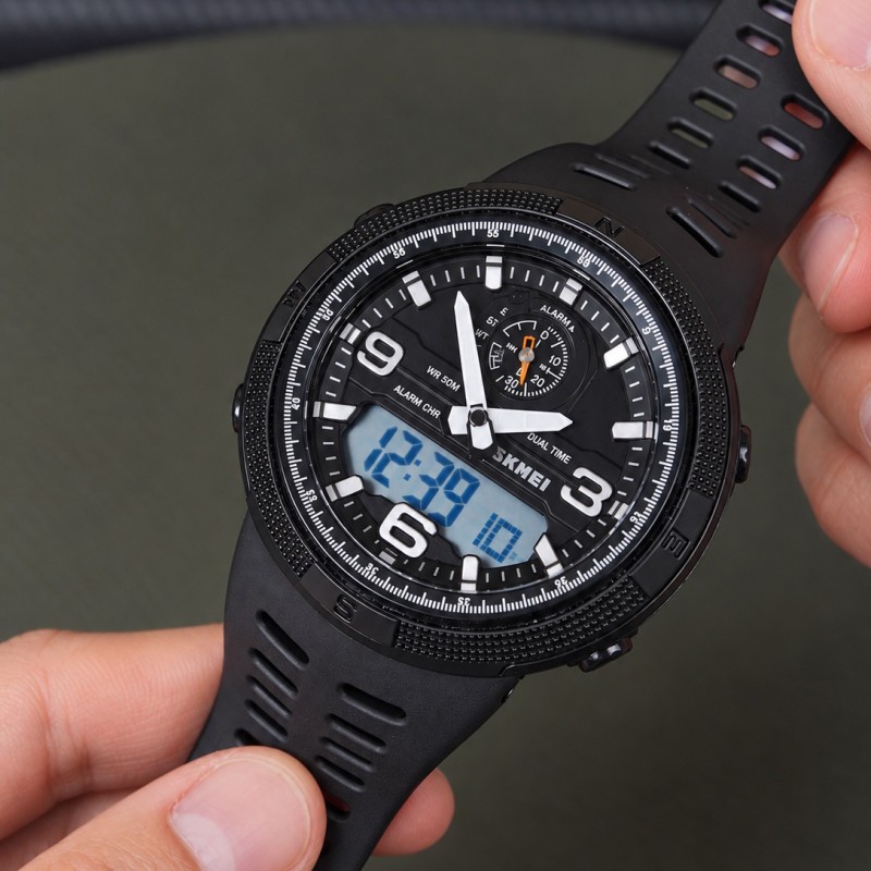 Мужские спортивные часы Skmei 1655BKWT Black-White с комбинированным циферблатом и подсветкой