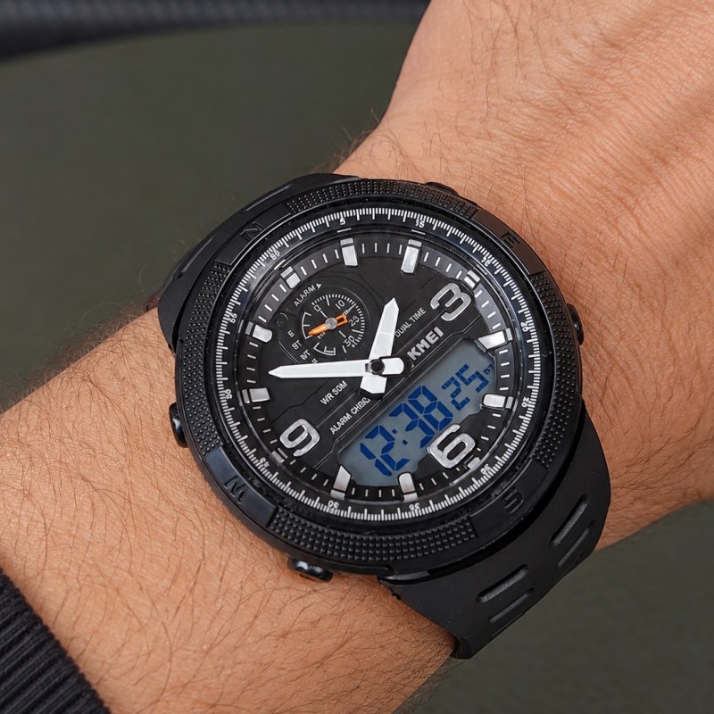 Мужские спортивные часы Skmei 1655BKWT Black-White с комбинированным циферблатом и подсветкой