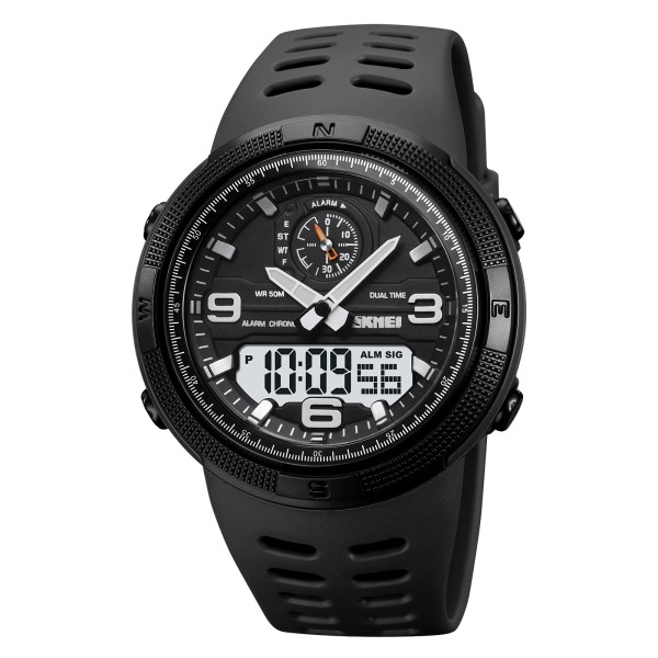 Мужские спортивные часы Skmei 1655BKWT Black-White с комбинированным циферблатом и подсветкой