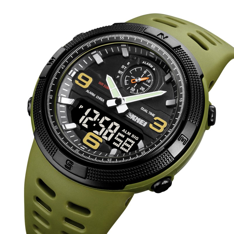 Мужские спортивные часы Skmei 1655AGBK Army Green-Black с комбинированным циферблатом и подсветкой
