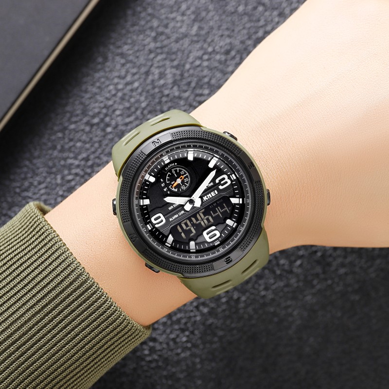 Мужские спортивные часы Skmei 1655AGBK Army Green-Black с комбинированным циферблатом и подсветкой