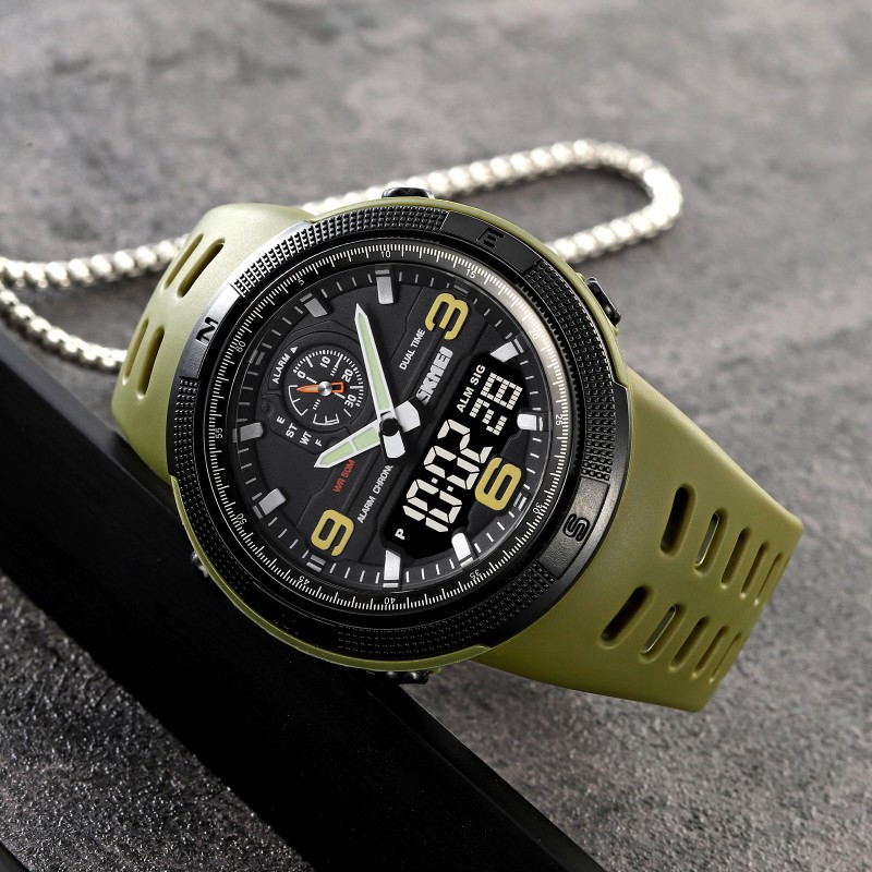 Мужские спортивные часы Skmei 1655AGBK Army Green-Black с комбинированным циферблатом и подсветкой