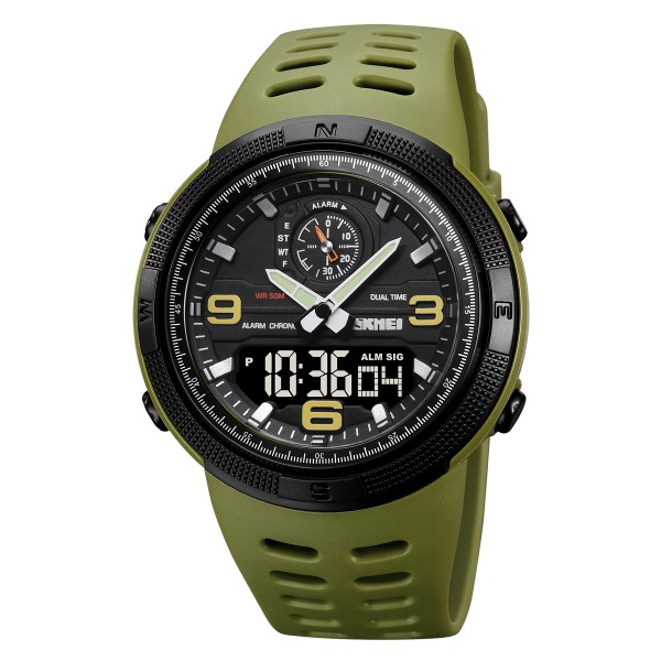Мужские спортивные часы Skmei 1655AGBK Army Green-Black с комбинированным циферблатом и подсветкой