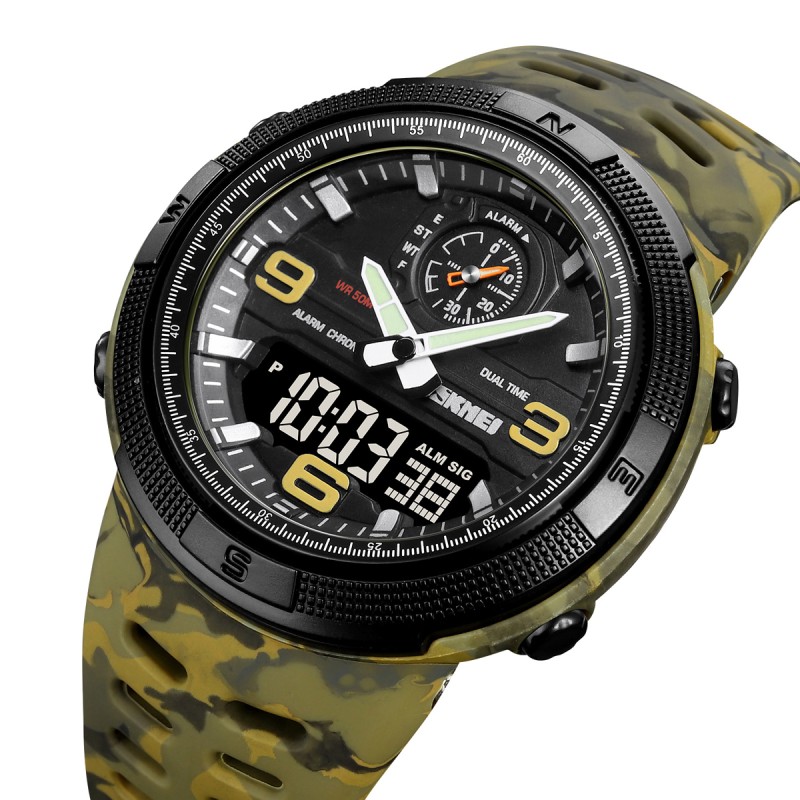 Мужские тактические часы Skmei 1655CMGNBK Camo Green-Black со стрелочно-электронным циферблатом