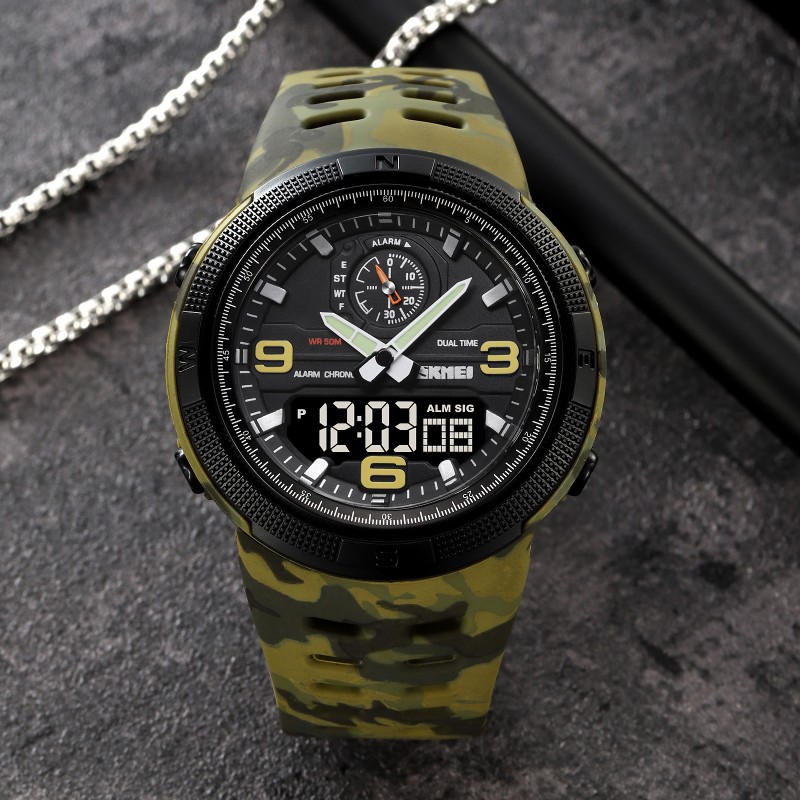 Мужские тактические часы Skmei 1655CMGNBK Camo Green-Black со стрелочно-электронным циферблатом