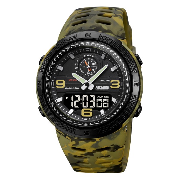 Мужские тактические часы Skmei 1655CMGNBK Camo Green-Black со стрелочно-электронным циферблатом