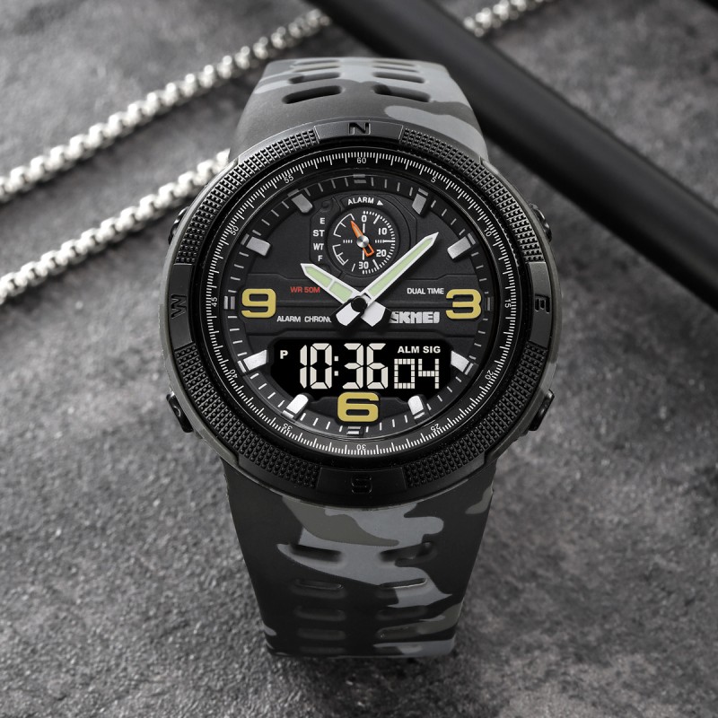 Мужские спортивные часы Skmei 1655CMGYBK Camo Grey-Black с подсветкой и календарем