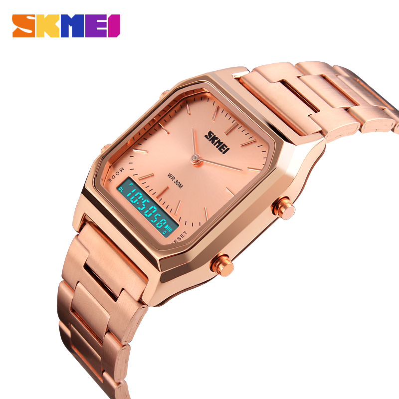 Жіночий наручний годинник Skmei 1220RG Rose Gold з подвійним циферблатом та металевим браслетом