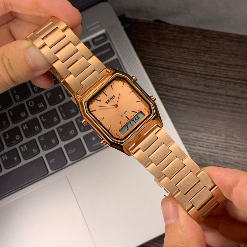 Жіночий наручний годинник Skmei 1220RG Rose Gold з подвійним циферблатом та металевим браслетом