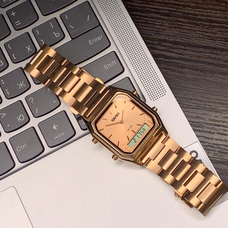Жіночий наручний годинник Skmei 1220RG Rose Gold з подвійним циферблатом та металевим браслетом
