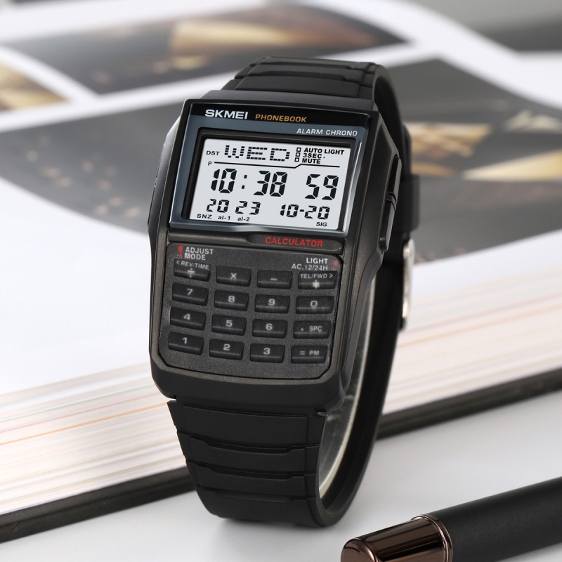 Чоловічий електронний годинник Skmei 2255BK Black зі спортивними функціями та калькулятором