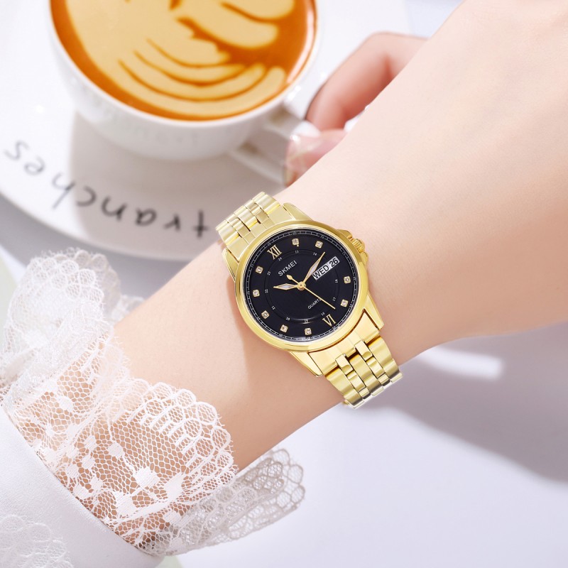 Жіночий класичний годинник Skmei 2085GDBK Gold-Black з металевим браслетом та календарем