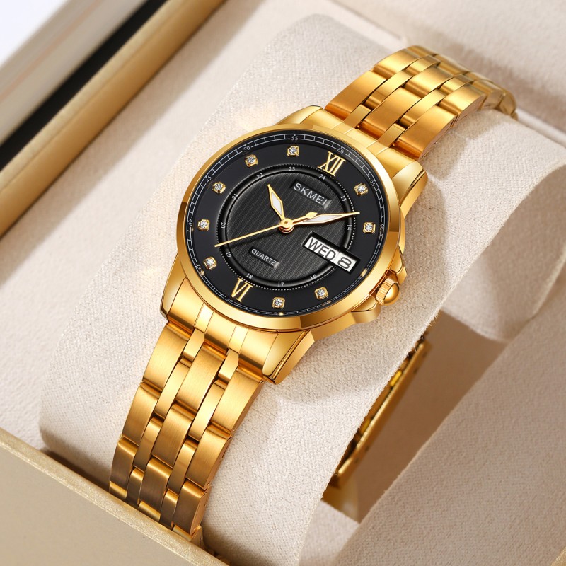 Жіночий класичний годинник Skmei 2085GDBK Gold-Black з металевим браслетом та календарем