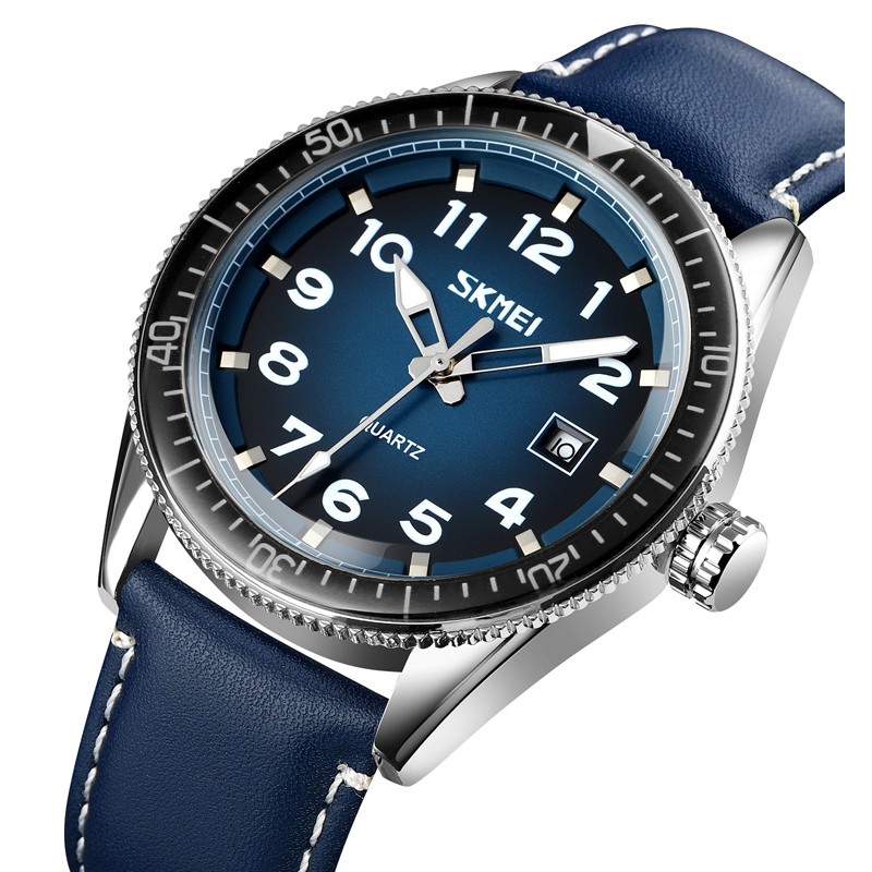 Чоловічий годинник Skmei 9232LSIBU Silver-Blue-Leather Strap з синім шкіряним ремінцем та календарем