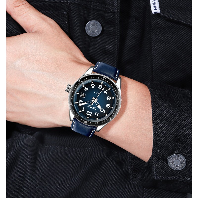 Чоловічий годинник Skmei 9232LSIBU Silver-Blue-Leather Strap з синім шкіряним ремінцем та календарем