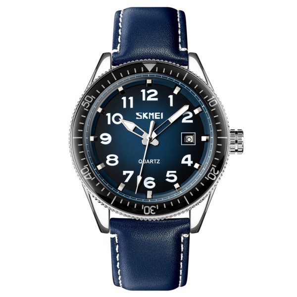 Чоловічий годинник Skmei 9232LSIBU Silver-Blue-Leather Strap з синім шкіряним ремінцем та календарем