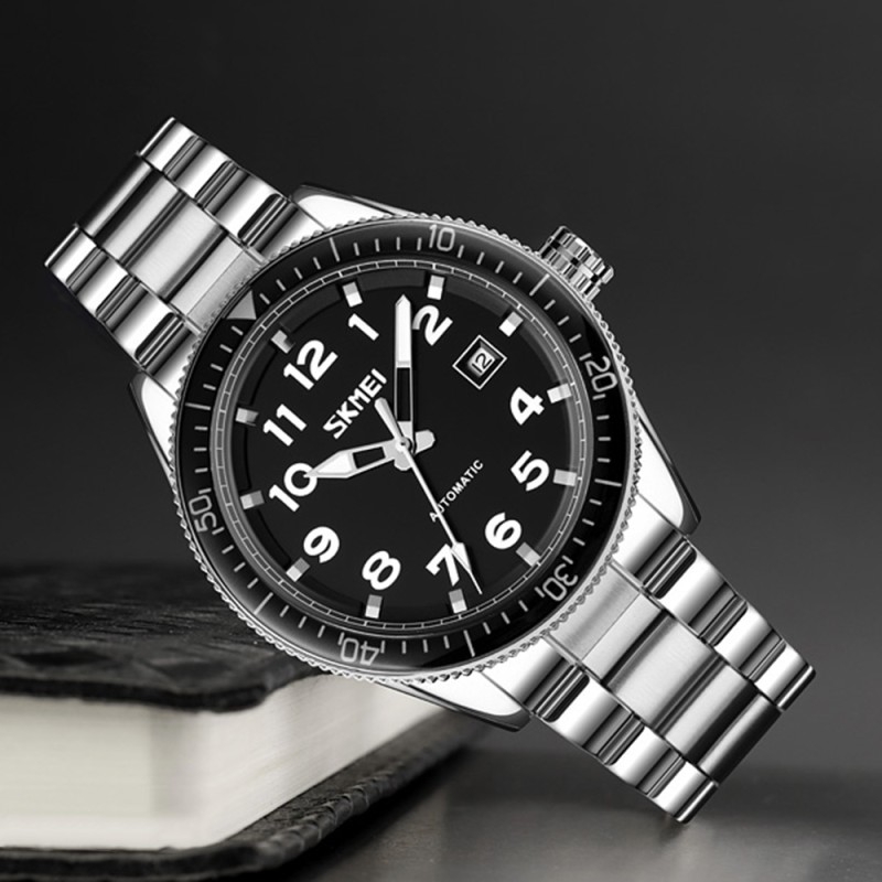 Мужские классические часы Skmei 9232SSIBK Silver/Black-steel strap с серебристым браслетом и черным циферблатом