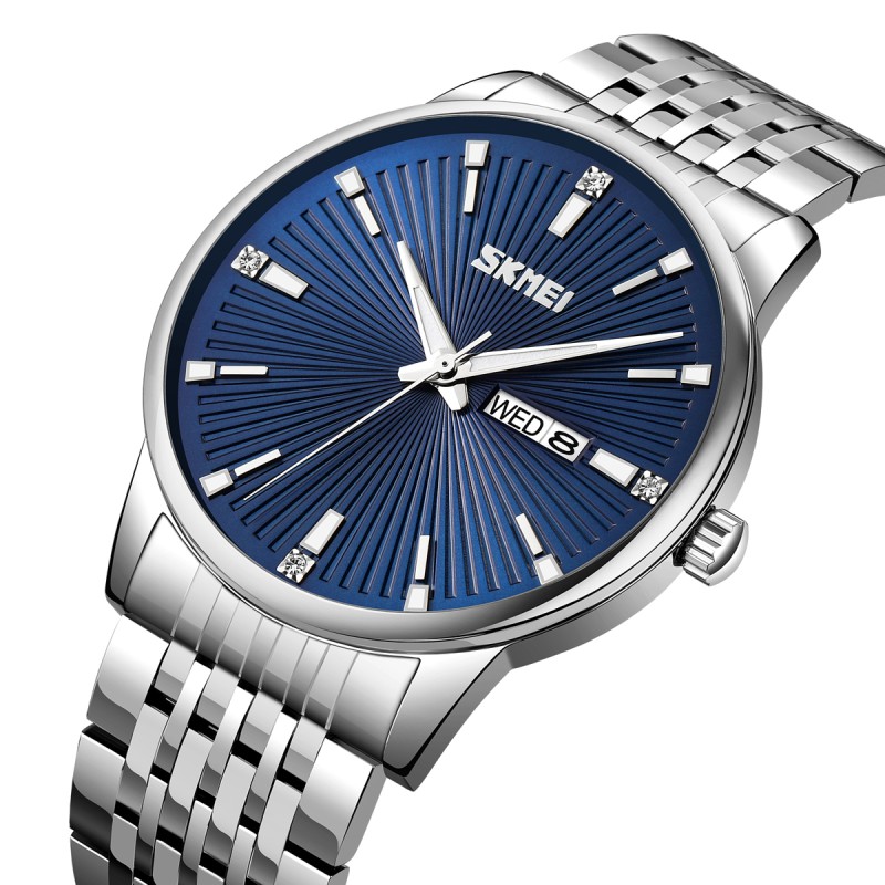 Чоловічий класичний годинник Skmei 9323SIBU Silver-Blue зі сріблястим браслетом та синім циферблатом