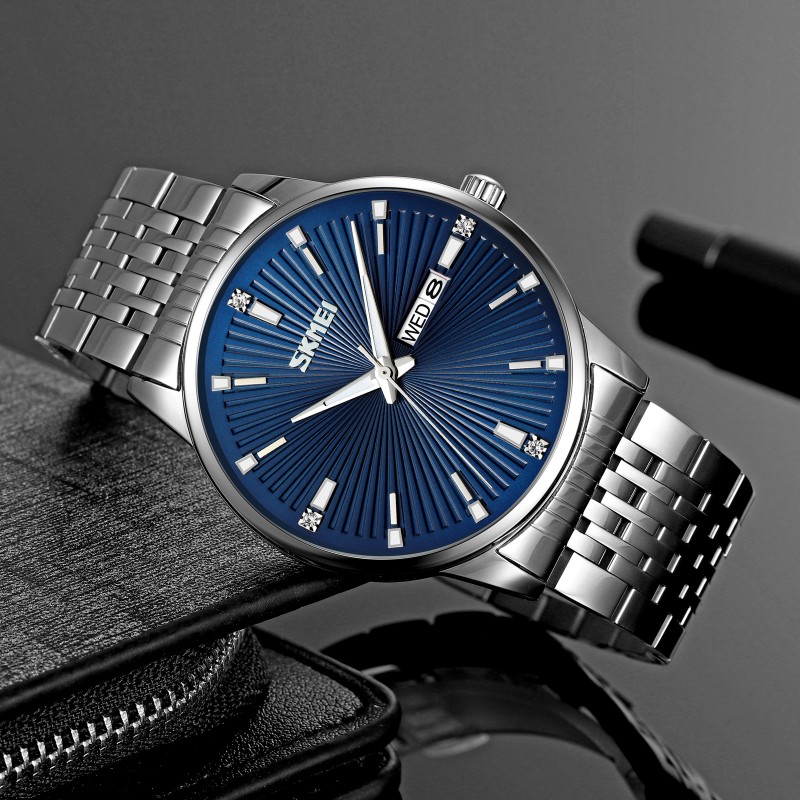 Чоловічий класичний годинник Skmei 9323SIBU Silver-Blue зі сріблястим браслетом та синім циферблатом