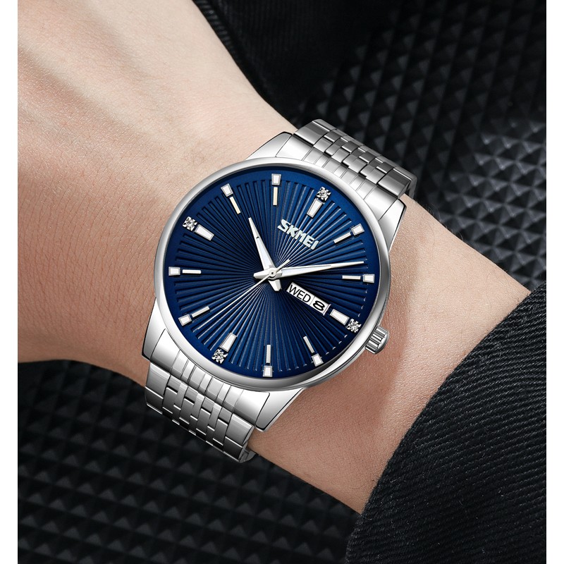 Чоловічий класичний годинник Skmei 9323SIBU Silver-Blue зі сріблястим браслетом та синім циферблатом