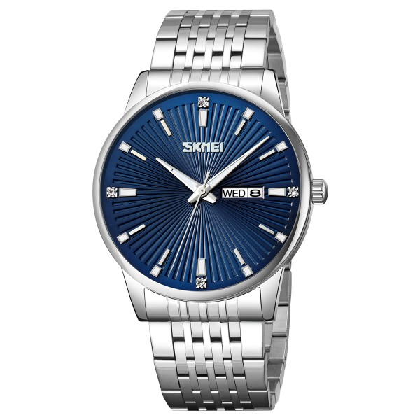 Чоловічий класичний годинник Skmei 9323SIBU Silver-Blue зі сріблястим браслетом та синім циферблатом