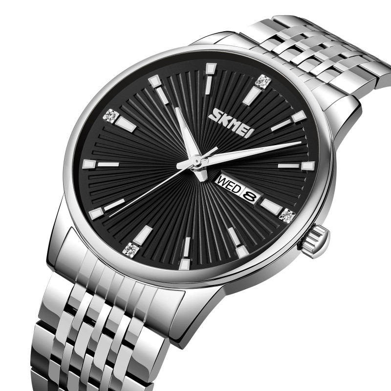 Мужские классические часы Skmei 9323SIBK Silver-Black с серебристым браслетом и календарем