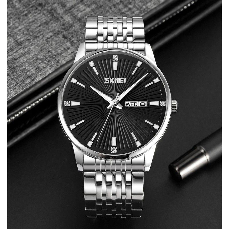 Мужские классические часы Skmei 9323SIBK Silver-Black с серебристым браслетом и календарем