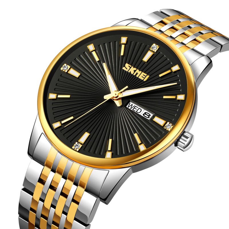 Мужские классические часы Skmei 9323TGDBK Silver/Gold-Black с минеральным стеклом и календарем