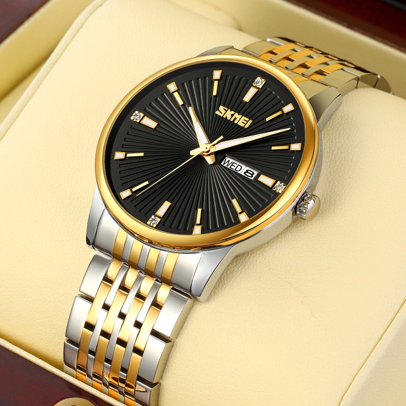 Мужские классические часы Skmei 9323TGDBK Silver/Gold-Black с минеральным стеклом и календарем