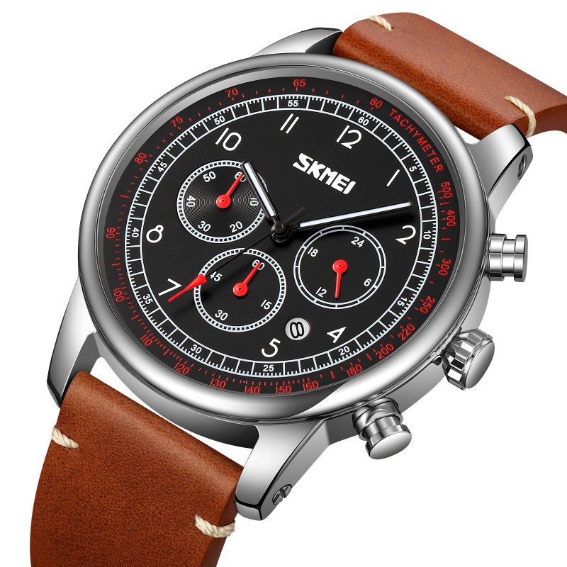 Чоловічий годинник Skmei 9318BKBN Black-Brown з хронографом та шкіряним ремінцем