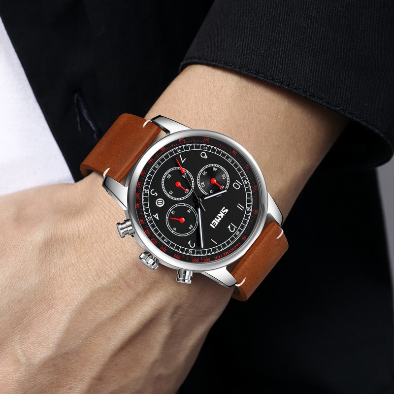 Чоловічий годинник Skmei 9318BKBN Black-Brown з хронографом та шкіряним ремінцем