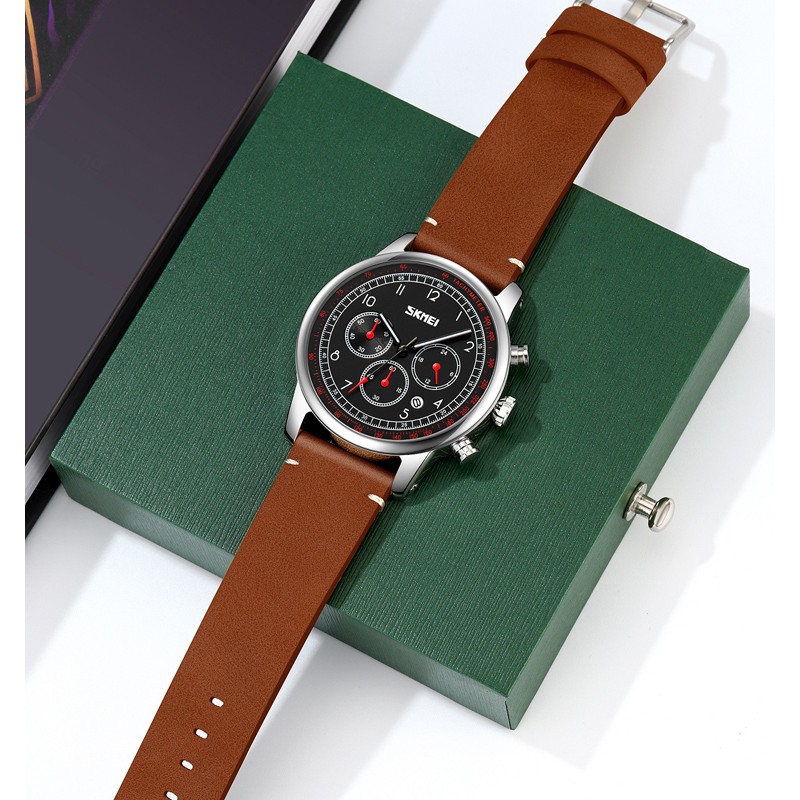 Чоловічий годинник Skmei 9318BKBN Black-Brown з хронографом та шкіряним ремінцем