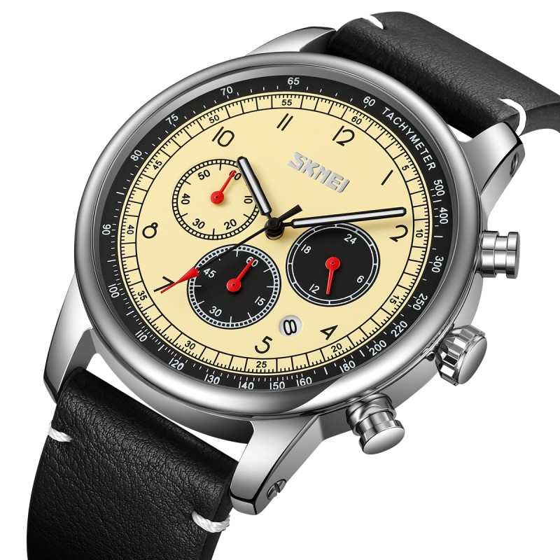 Чоловічий наручний годинник Skmei 9318BEBK Beige-Black з хронографом та шкіряним ремінцем