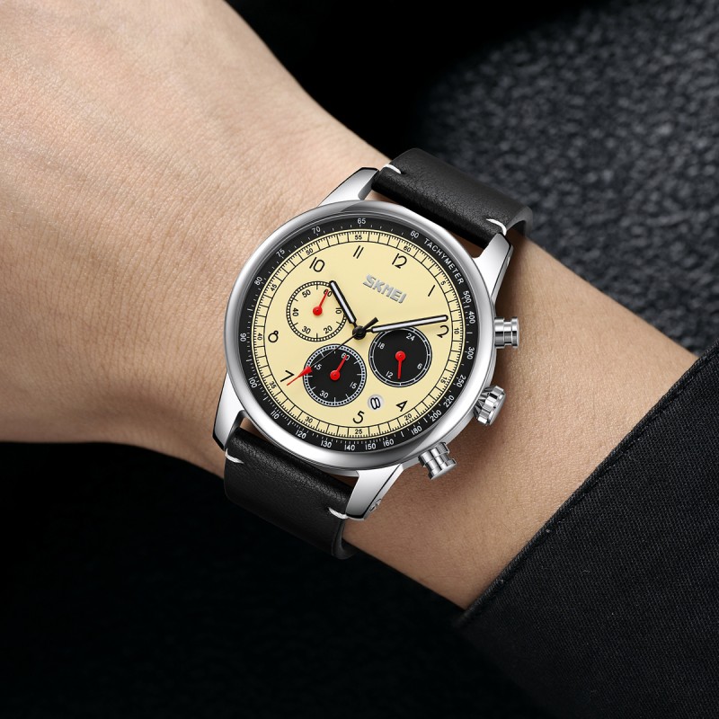 Чоловічий наручний годинник Skmei 9318BEBK Beige-Black з хронографом та шкіряним ремінцем