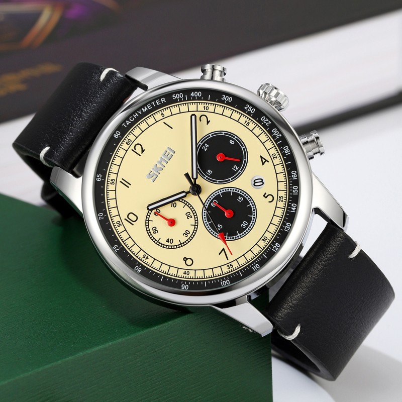 Чоловічий наручний годинник Skmei 9318BEBK Beige-Black з хронографом та шкіряним ремінцем