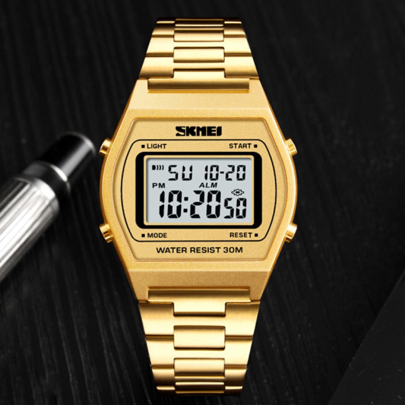 Жіночий годинник Skmei 1328GD Gold у класичному стилі з електронним циферблатом та підсвічуванням