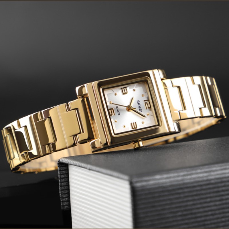 Женские классические часы Skmei 1388GD Gold с минеральным стеклом и золотистым браслетом