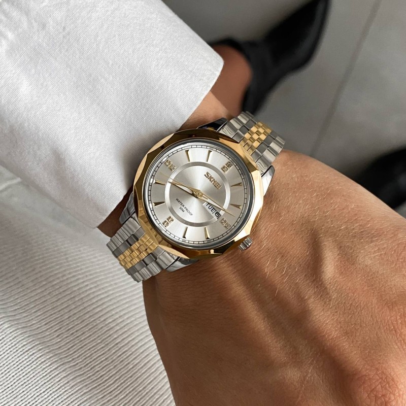 Жіночий класичний годинник Skmei 9264TGDSI Silver/Gold-Silver з металевим браслетом та календарем